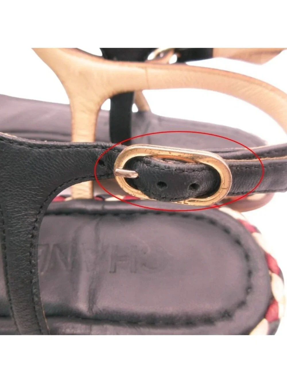 Chanel Sandals Gold Chain T Strap CC Logo Charm Leather Mesh Braided Shoes